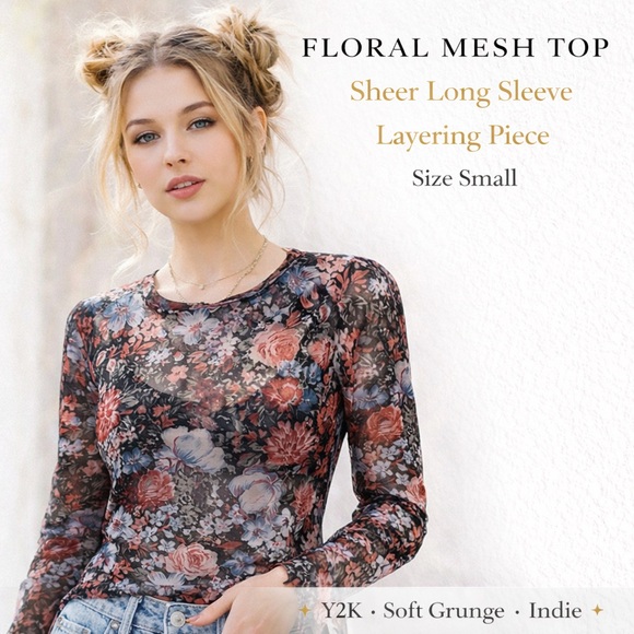 Dealmore Tops - Dealmore Floral Mesh Sheer Long Sleeve Top Y2K Layering Shirt Size S